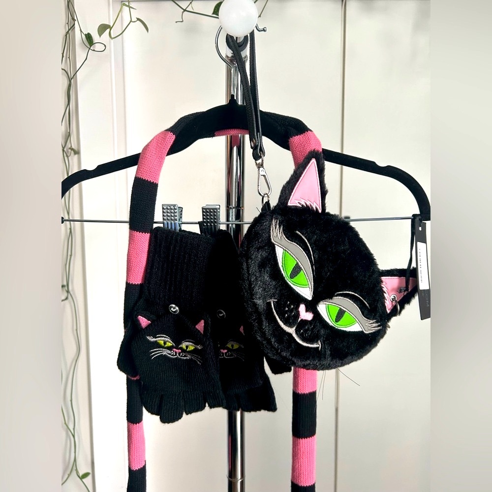 Dolls Kill Widow PURRFECT CAT COIN PURSE, GLOVES AND PINK PIERCED SCARF